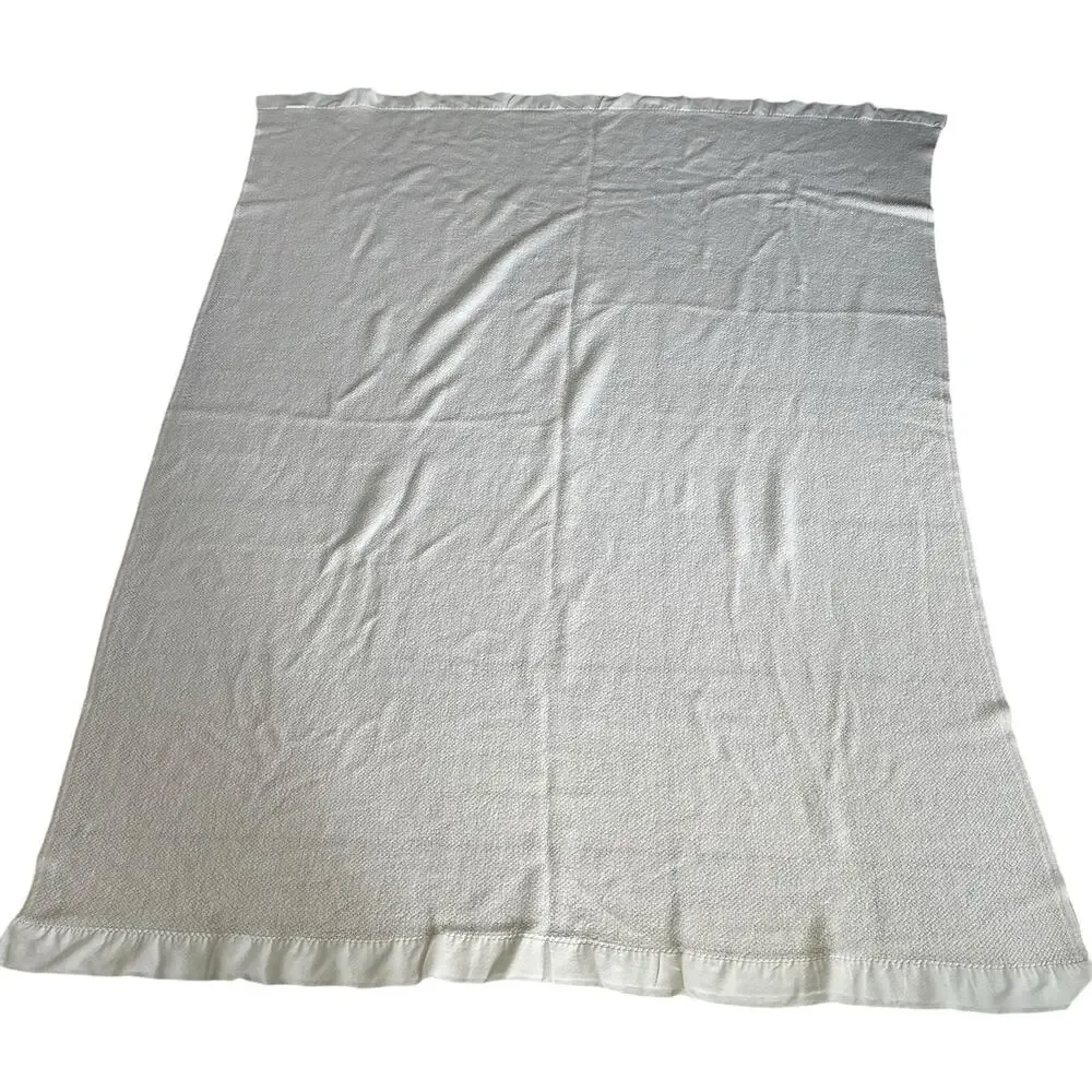 Vintage FARIBO Wool Acrylic Blanket Ivory Satin Trim Woven Texture 68x82 Cottage - Picture 8 of 13